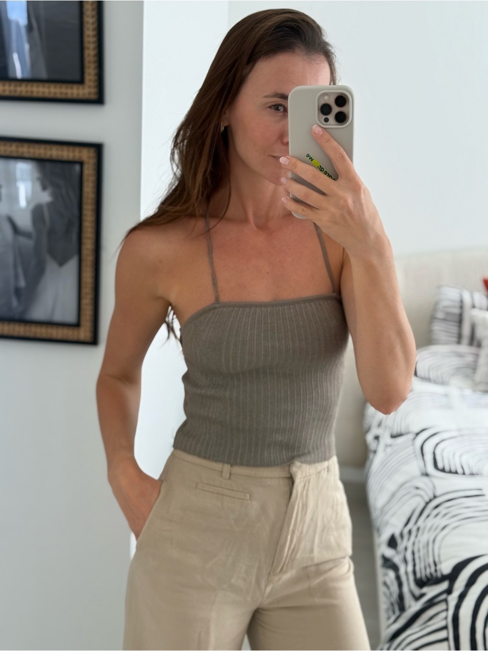 Divided Ribbed Halter Camisole in Taupe